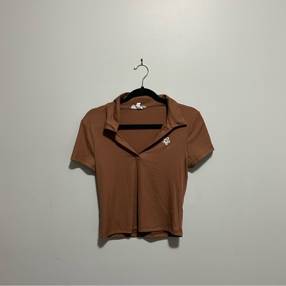 Wild Skye Brown Cropped Shirt with Collar  and Embroidered Flower - Picture 1 of 6